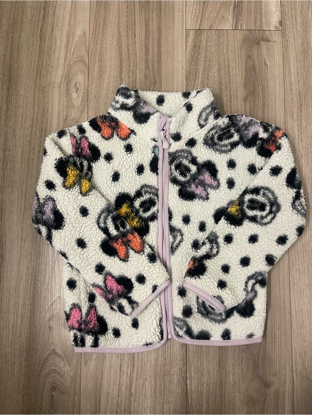 Disney Kids Jacket White and Black Polka Dot Sherpa with Lavender Trim